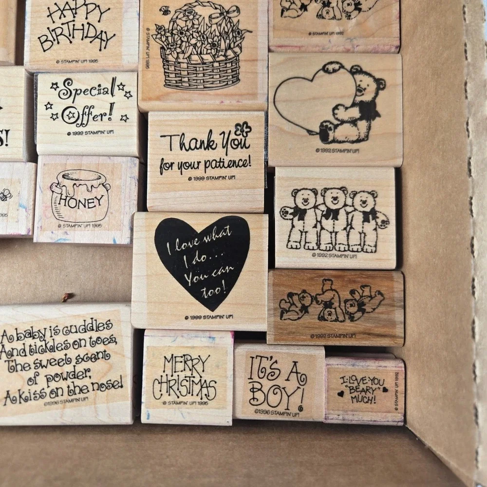 Vintage 1990s Stampin Up Wood Mounted Rubber Stamps Large Lot 50+ Retired